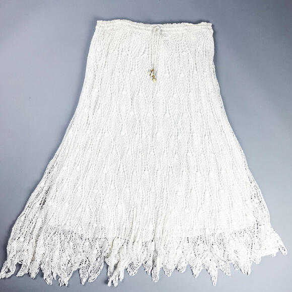 Vintage White Crochet Knit Maxi Skirt with Drawstring Waist - Picture 2 of 8